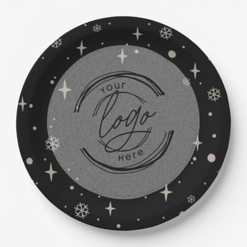 Black Merry Christmas Business Logo Snowflake Paper Plates