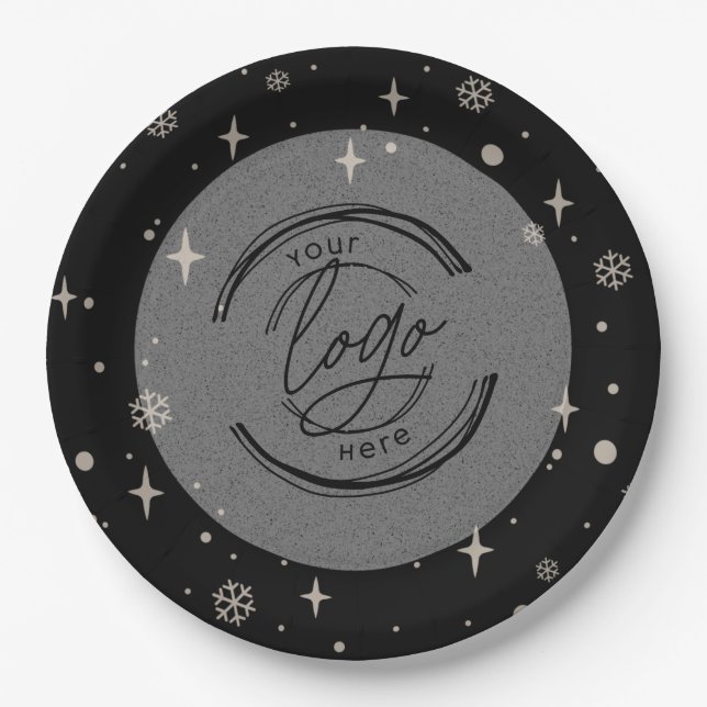 Black Merry Christmas Business Logo Snowflake Paper Plates (Front)