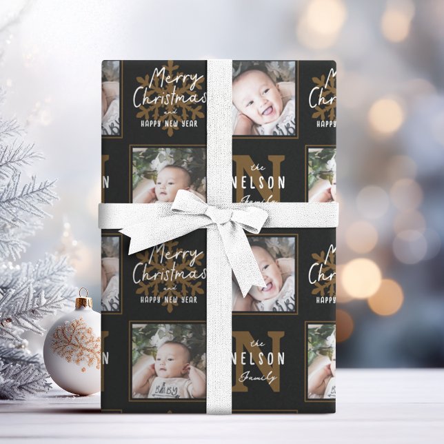 Black Merry Christmas Calligraphy Family 2 photo Wrapping Paper (Black Merry Christmas Calligraphy Family 2 photo Wrapping Paper)