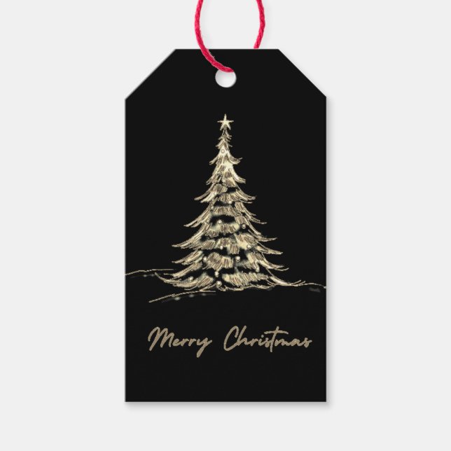 Black Merry Christmas Gift Tag | Christmas Tree (Front)