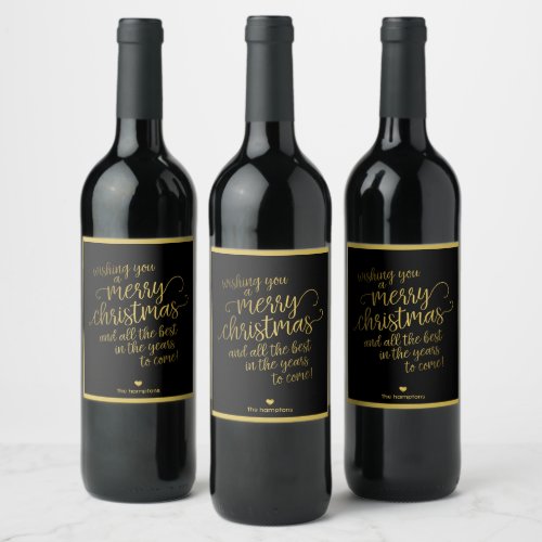 Black Merry Christmas Gold Script Calligraphy Wine Label