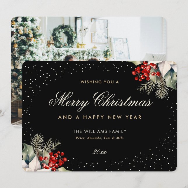 Black Merry Christmas Happy New Year Photo Holiday Card (Front/Back)