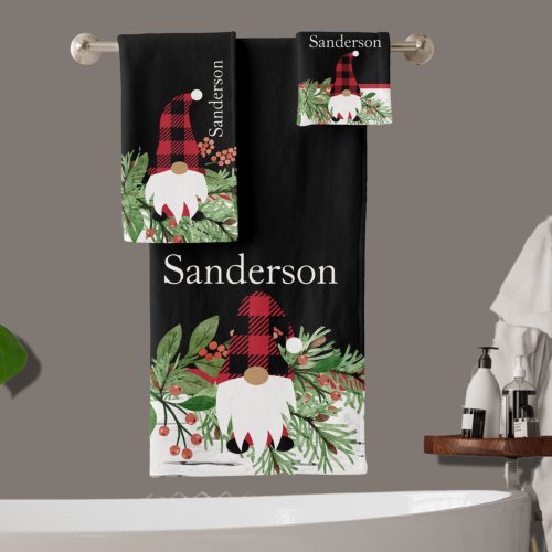 Black Merry Christmas Red Buffalo Plaid Gnome  Bath Towel Set