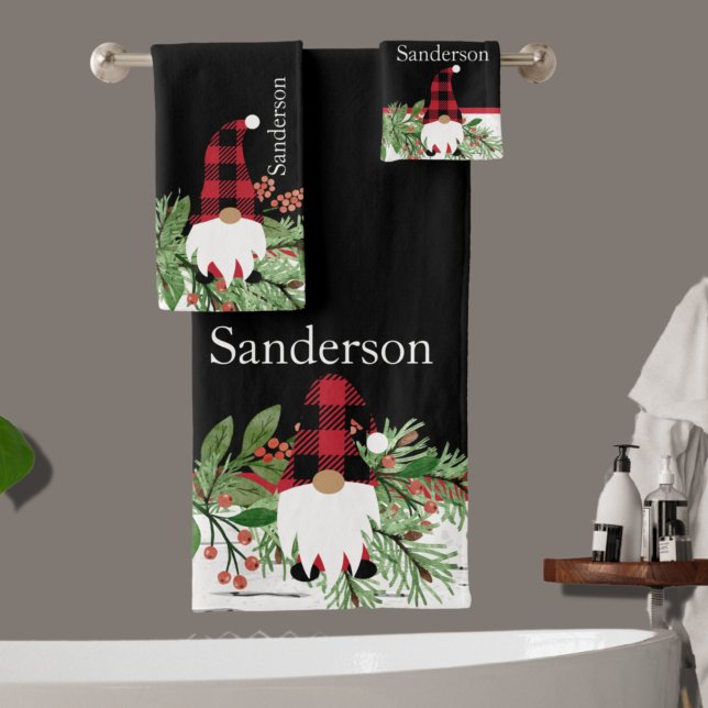 Black Merry Christmas Red Buffalo Plaid Gnome  Bath Towel Set (Creator Uploaded)