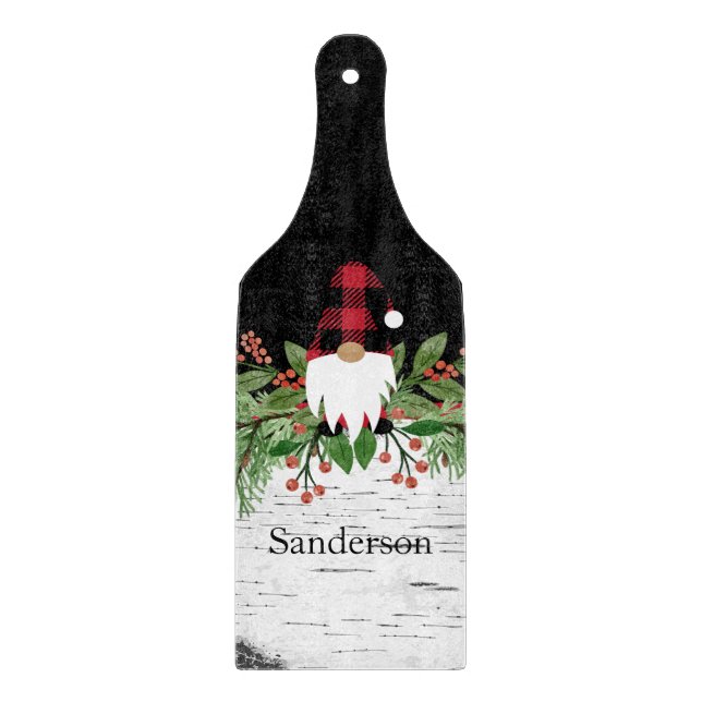 Black Merry Christmas Red Buffalo Plaid Gnome  Cutting Board (Front)