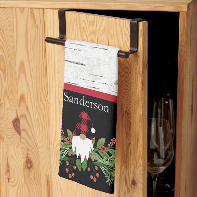 Black Merry Christmas Red Buffalo Plaid Gnome  Kitchen Towel (Thirds Fold)