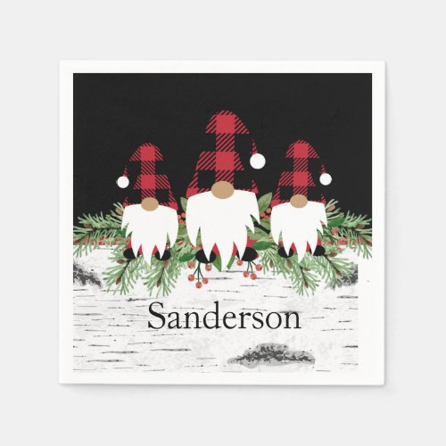 Black Merry Christmas Red Buffalo Plaid Gnome  Napkins