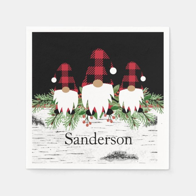 Black Merry Christmas Red Buffalo Plaid Gnome  Napkins (Front)