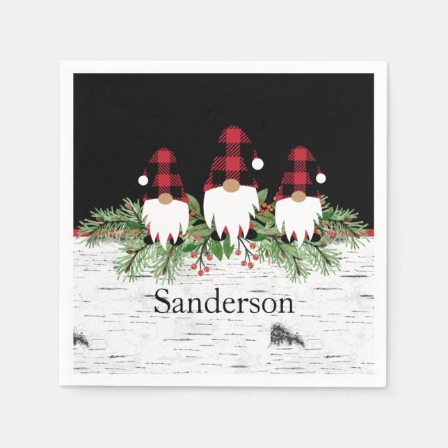 Black Merry Christmas Red Buffalo Plaid Gnome  Napkins (Front)