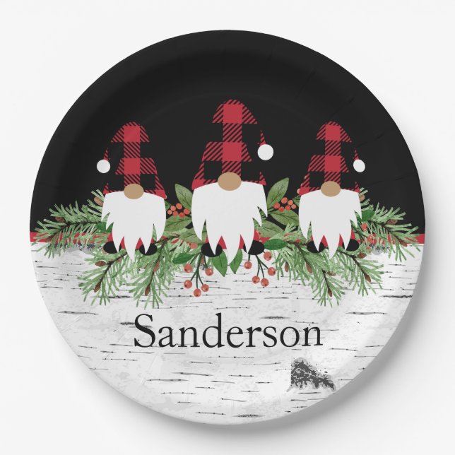 Black Merry Christmas Red Buffalo Plaid Gnome  Paper Plates (Front)
