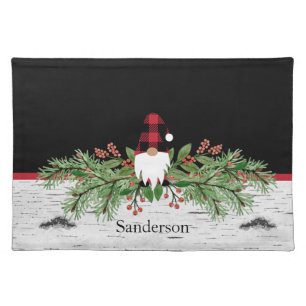 Black Merry Christmas Red Buffalo Plaid Gnome Pla Cloth Placemat