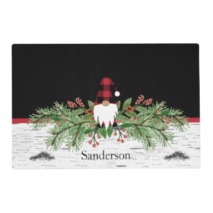 Black Merry Christmas Red Buffalo Plaid Gnome Placemat
