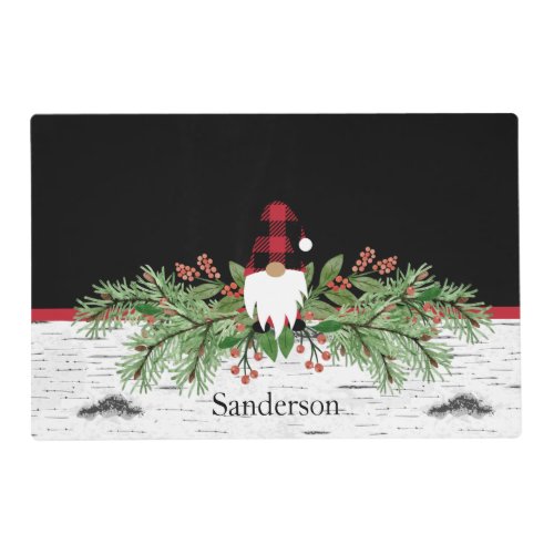 Black Merry Christmas Red Buffalo Plaid Gnome  Placemat