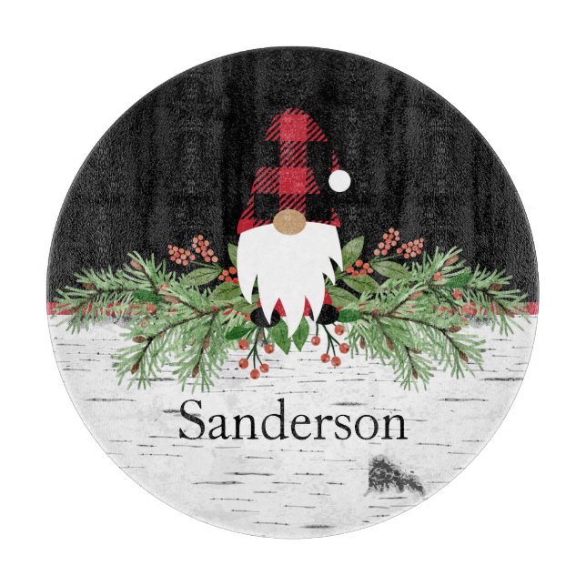 Black Merry Christmas Red Buffalo Plaid Gnome Rd. Cutting Board (Front)
