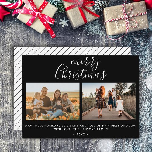 Black Merry Christmas Script Family Photo Collage Holiday Card