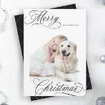 Black Merry Christmas Script Minimal Photo Holiday Card<br><div class="desc">Elegant and romantic swirly calligraphy lettering with a photo and a seamless pattern on the back. For more advanced customization of this design,  please click the BLUE DESIGN TOOL BUTTON above!</div>