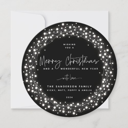 Black Merry Christmas Script Sparkling Lights Holiday Card