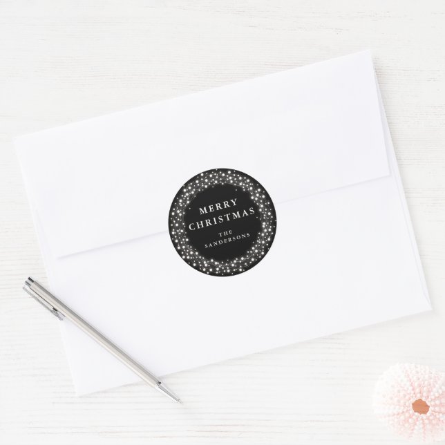 Black Merry Christmas Sparkling Lights Christmas Classic Round Sticker (Envelope)