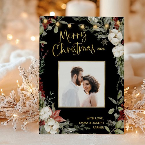 Black Merry Christmas  Winter Floral and Photo Holiday Card