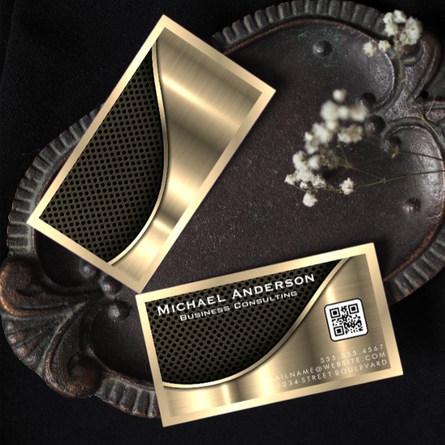 Black Mesh and Metallic Gold | QR Code Business Card (Creator Uploaded)