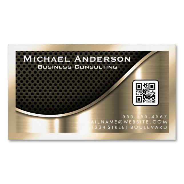 Black Mesh and Metallic Gold | QR Code Business Card Magnet (Front)