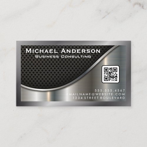 Black Mesh and Metallic Silver  QR Code Business Card