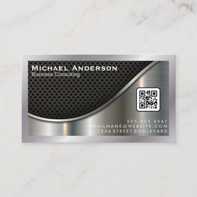 Black Mesh and Metallic Silver | QR Code Business Card (Front)
