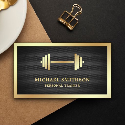 Customizable Black Mesh Gold Dumbbell Fitness Personal Trainer Business Card