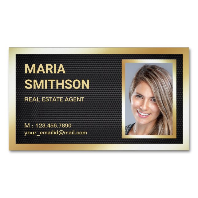 Black Mesh Gold Foil Real Estate Realtor Photo Business Card Magnet (Front)