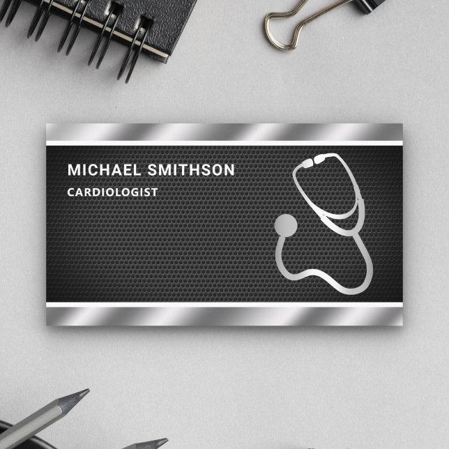Black Mesh Metallic Steel Stethoscope Doctor Business Card (Creator Uploaded)