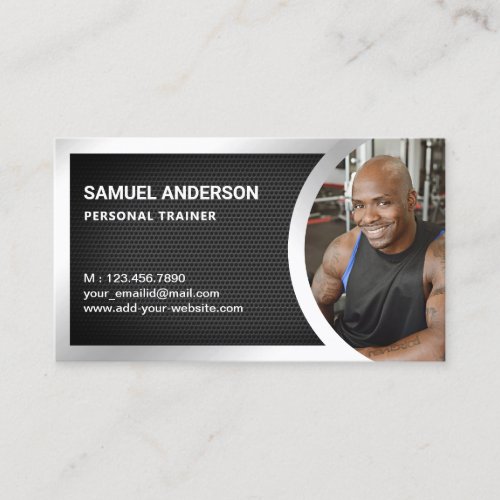 Black Mesh Silver Fitness Personal Trainer Photo Business Card