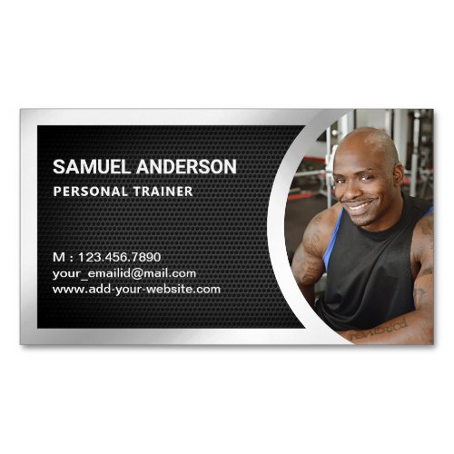 Black Mesh Silver Fitness Personal Trainer Photo Business Card Magnet