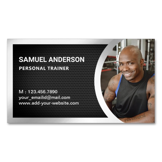 Black Mesh Silver Fitness Personal Trainer Photo Business Card Magnet (Front)
