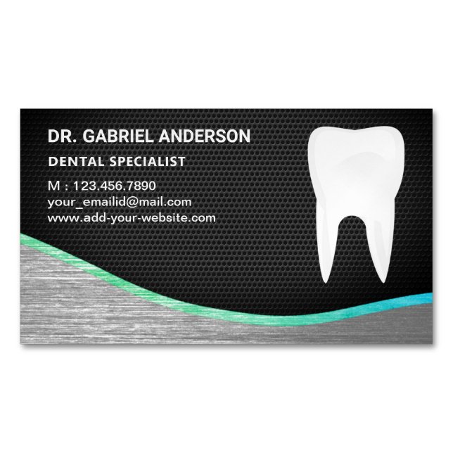 Black Mesh Steel Tooth Dental Clinic Dentist Business Card Magnet (Front)
