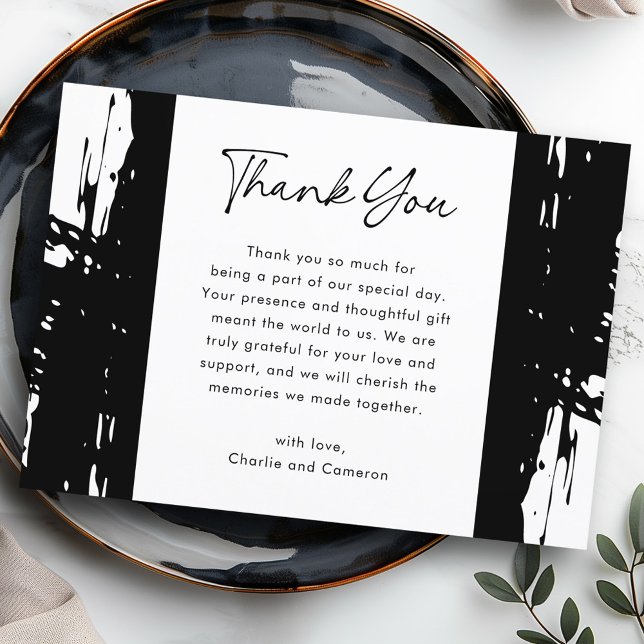 Black messy brushstrokes modern photo wedding thank you card (Black messy brushstrokes modern photo wedding thank you card)