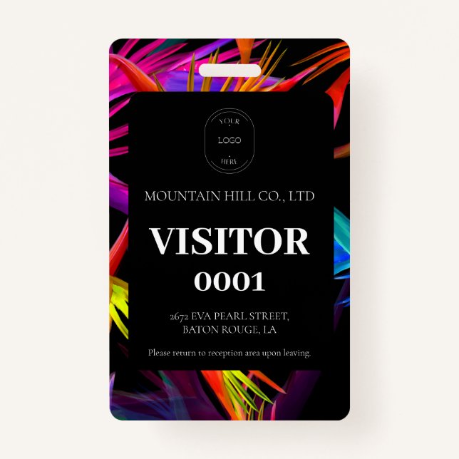 Black Messy Tropical Colorful Visitor Card Badge (Front)