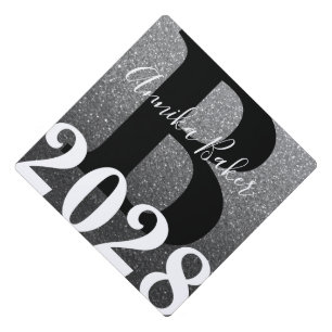 Black Metal Glitter Ombre Monogram Name Graduation Cap Topper
