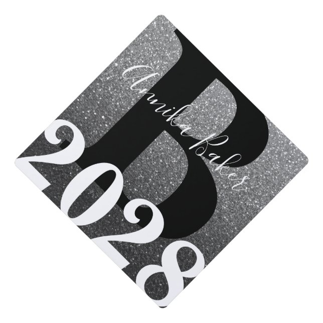 Black Metal Glitter Ombre Monogram Name Graduation Graduation Cap Topper (Front)