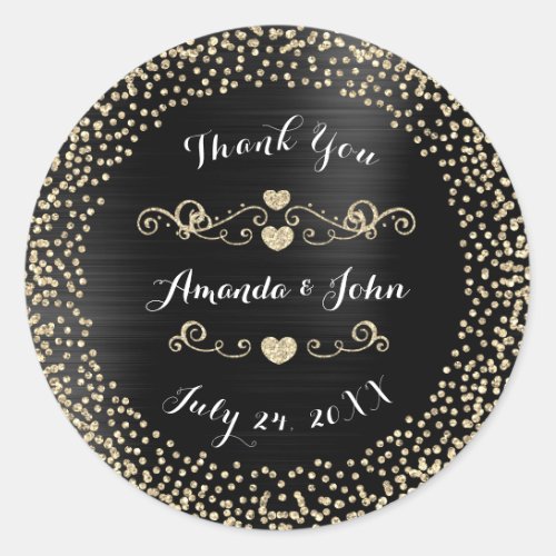 Black Metal Gold Glitter Save the Date Thank You Classic Round Sticker