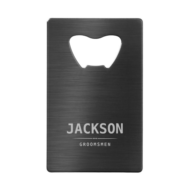 Black Metal Modern Simple Personalized Groomsmen  Credit Card Bottle Opener (Front)