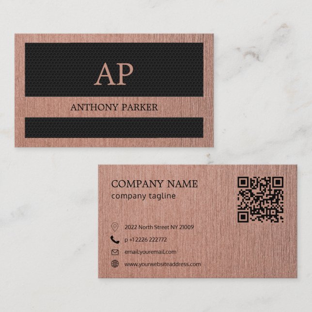 Black Metal Rose Gold Background QR Code Business Card (Front/Back)