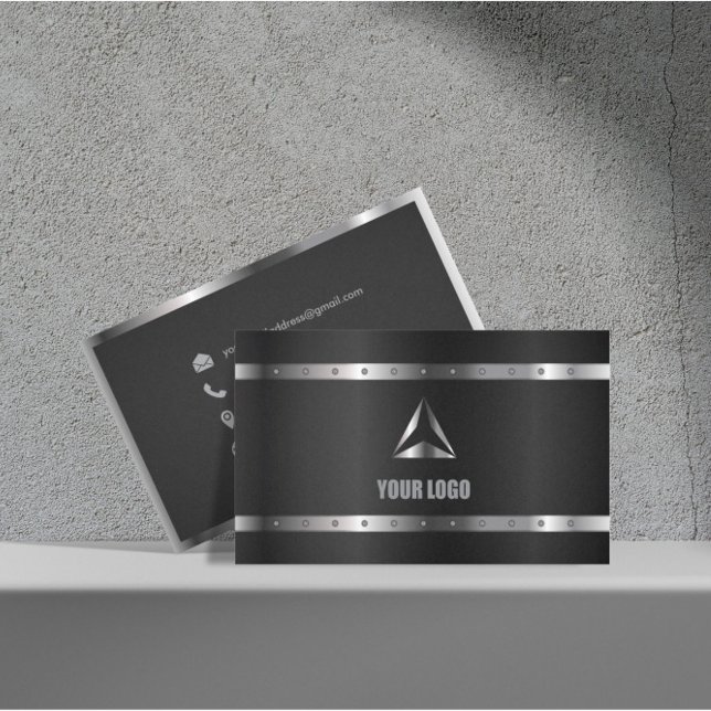 Black Metal Shiny Silver Modern Elegant Monogram Business Card (Creator Uploaded)