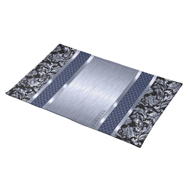 Black & Metallic Blue Brushed Steel And Damask Cloth Placemat (On Table)