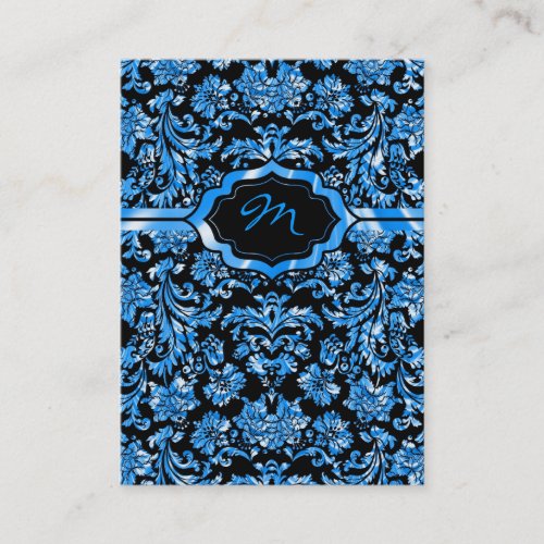 Black &amp; Metallic Blue Floral Damasks Monogramed Business Cards