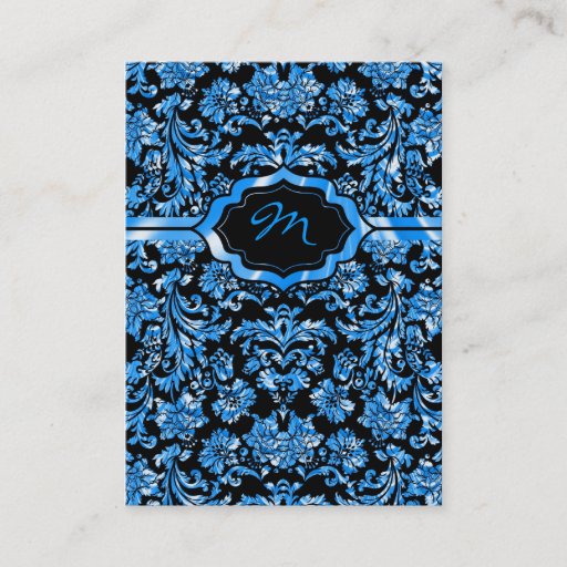 Customizable Black &amp; Metallic Blue Floral Damasks Monogramed Business Cards