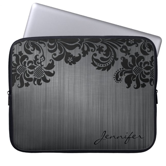 Black Metallic Brushed Aluminum & Floral Damasks Laptop Sleeve (Front)