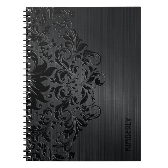 Black Metallic Brushed Aluminum & Floral Lace  Notebook (Front)