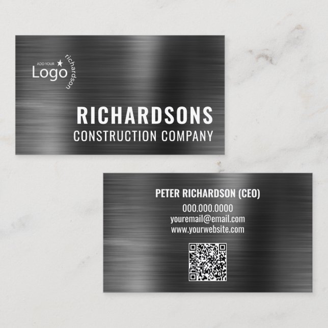 Black Metallic Construction Company Template Business Card (Front/Back)