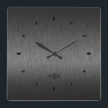 Black Metallic Design Brushed Aluminum Look Square Wall Clock<br><div class="desc">Elegant simple metallic black and gray brushed aluminum look(design is all image and not any kind of metallic finish). Customizable and optional 3 initials monogram. Many colors available but any color in this design can be requested by emailing the designer.</div>