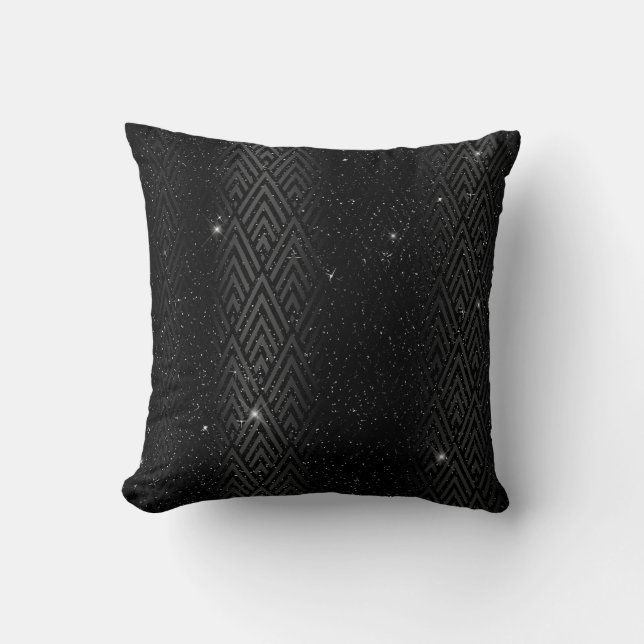Black  Metallic Foil & Glitter Glam Art Deco Throw Pillow (Front)